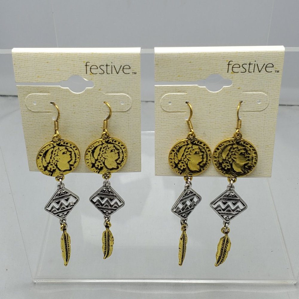 2 /$15 Festive 2 tone gold silver coin dangle fish hook earring